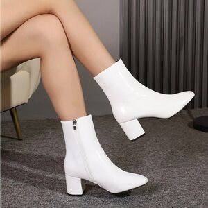 Faux Leather White Heeled Boots